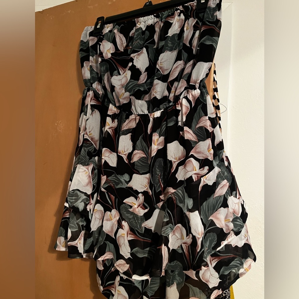 Express Black Floral Strapless Romper with Pink & Green Accents Size Medium